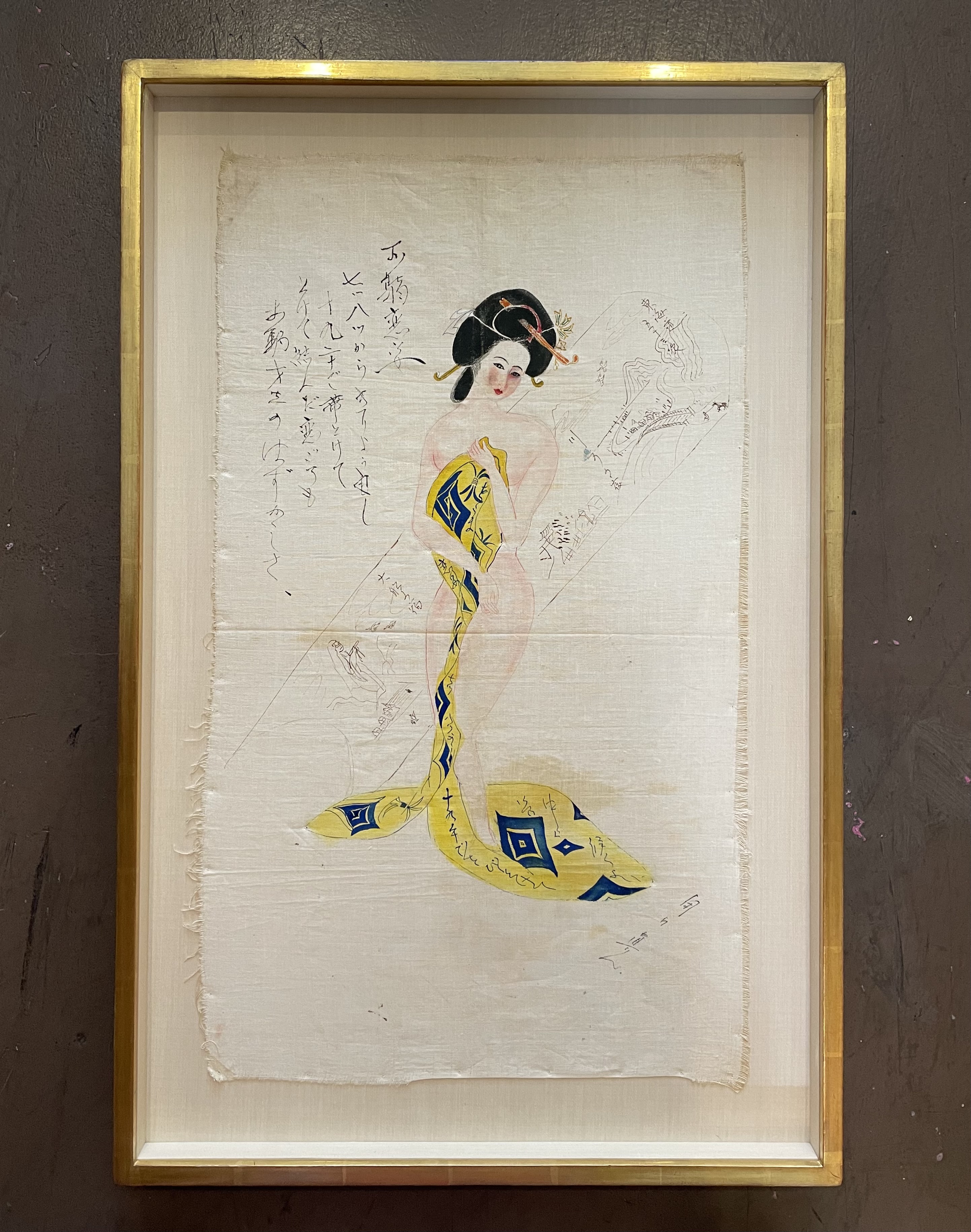 antique japanese painting with gold picture frame